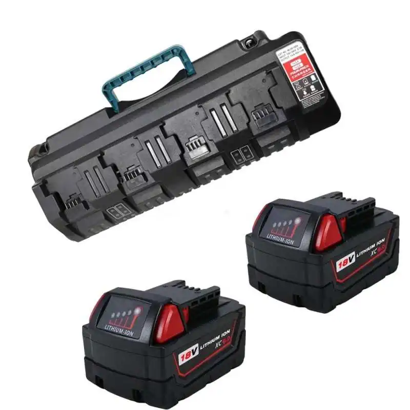For Milwaukee 18V 6Ah Lithium-Ion Battery Replacement (Twin Pack) & For Milwaukee 4-port N14 N18 14.4V-18V Battery Charger ELE E