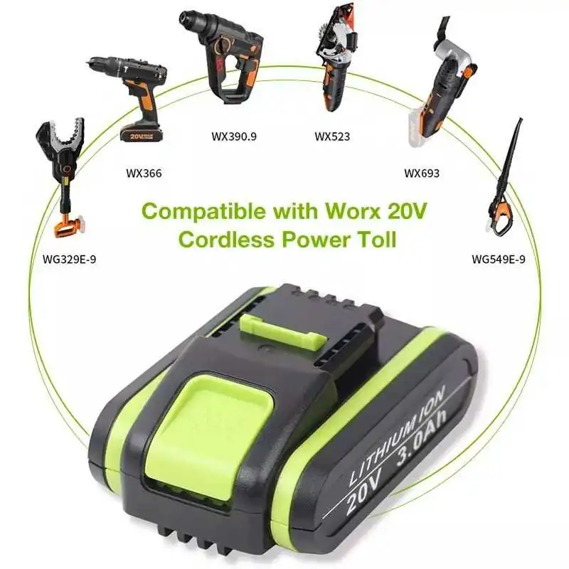 3.0Ah Replacement for Worx 20V Battery and Charger Kit Compatible with Worx  20 Volt Cordless Power Tools